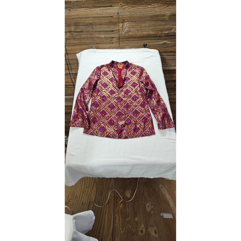 Tory Burch Metallic Geometric Diamond Print Tunic Blouse Burgundy Purple Size 10